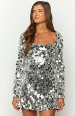 Marienne Silver Large Sequin Long Sleeve Mini Dress