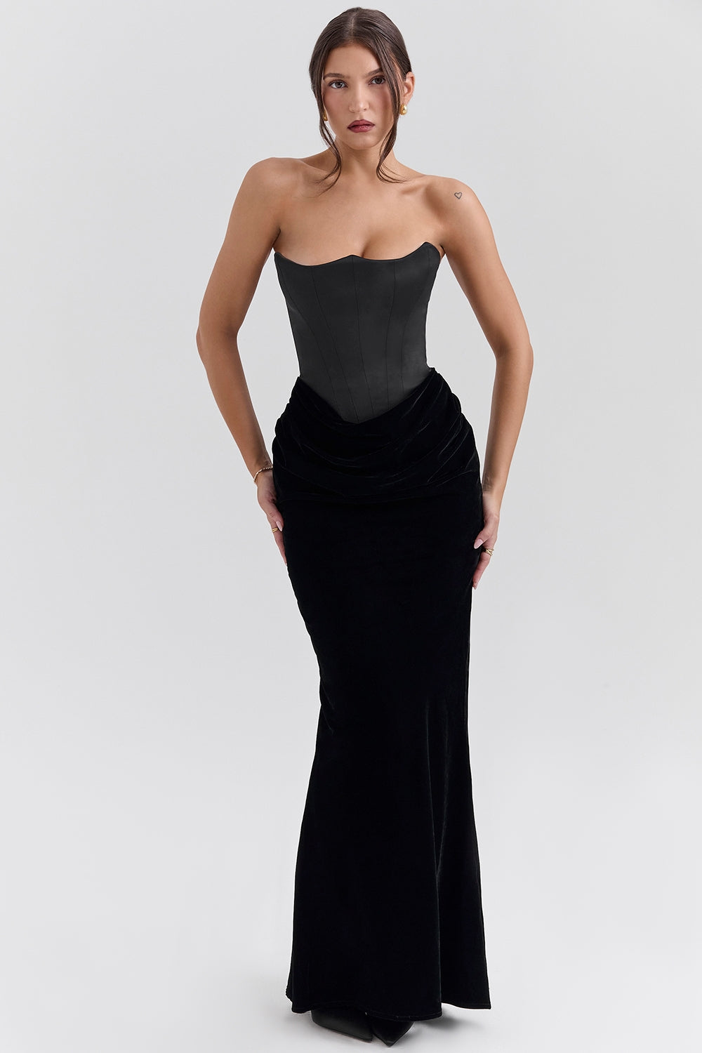 black velvet strapless corset maxi dress