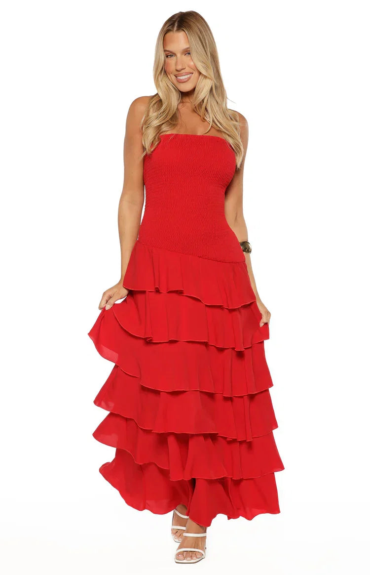 Riles Red Strapless Ruffle Maxi Dress