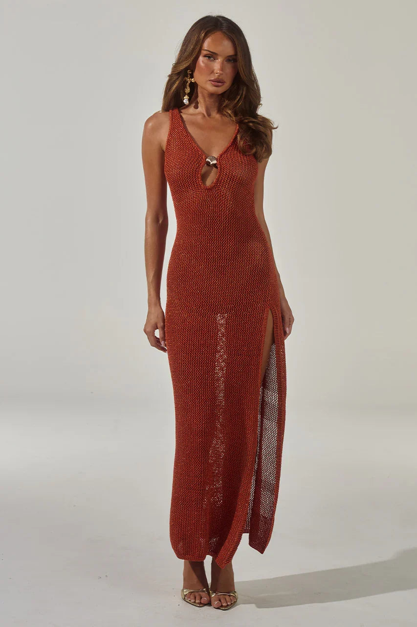ARIYA SLEEVELESS KNIT MAXI DRESS - RUST METALLIC