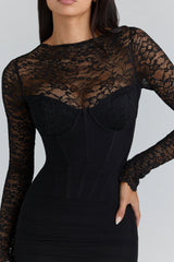 black lace long sleeved corset maxi dress
