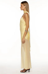 Laila Yellow Satin Scarf Formal Maxi Dress
