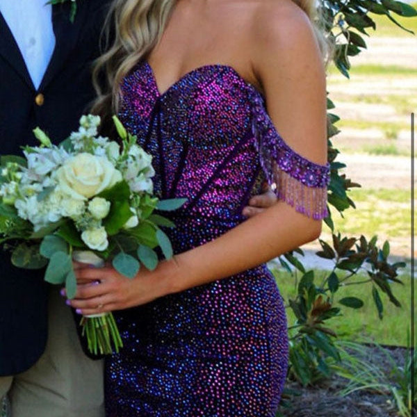 Sparkly Purple Beading Off the Shoulder Tight Short Homeocming Dress with Tassels, HC382287