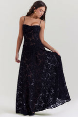 black floral lace back maxi dress