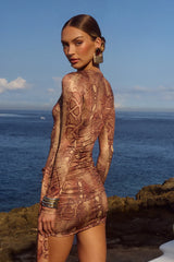 RUE SLEEVED MINI DRESS - TAN VIPER