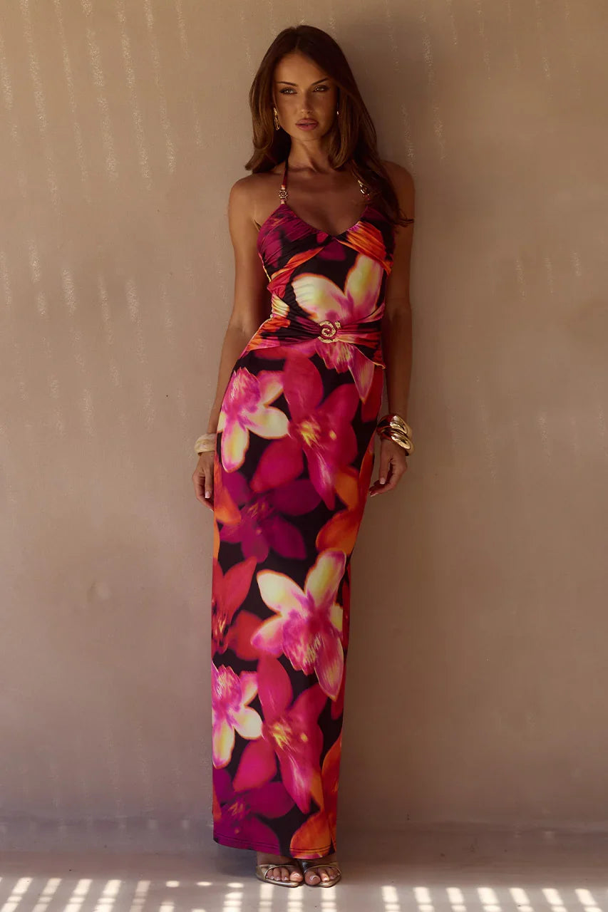NINA RUCHED HALTER MAXI DRESS - SKYE BLACK