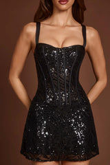 Embellished Peekaboo Corset A-Line Mini Dress in Black Zebra