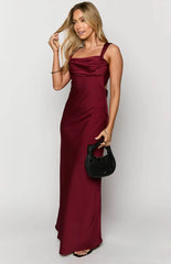 Laria Wine Satin Formal Maxi Dress