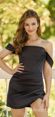 Black Off the Shoulder Bustier Pleated Short Homecoming Dress, Mini Dress, HC382280